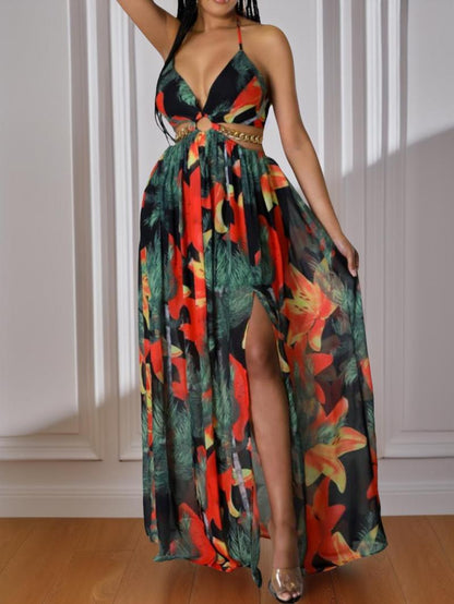 Frauen Floral Print Kette Dekor Split Oberschenkel Kleid (Kaufen Sie 2 gratis Versand)